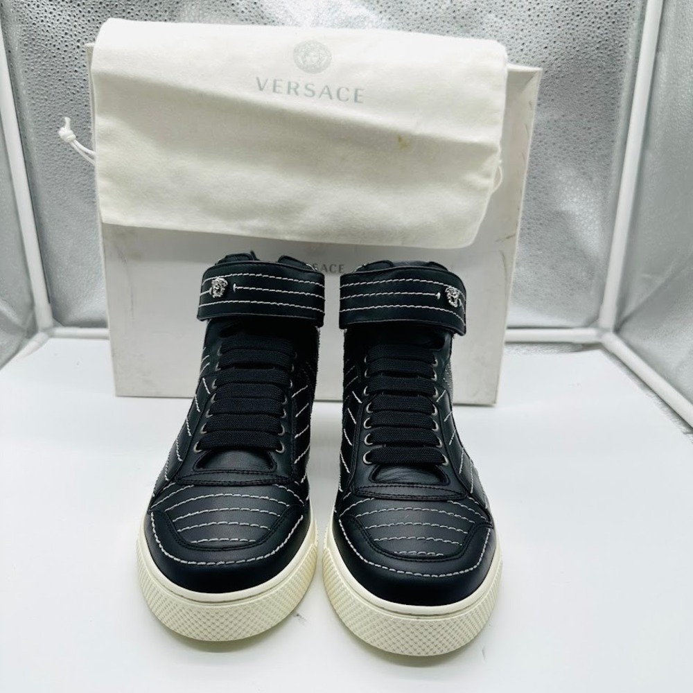 Versace Mens Black Leather Medusa High Top Sneakers Contrast Stitch Size 39 US 7
